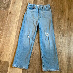 Levi's Ribcage Straight Ankle Jeans Light Blue Distress Button Fly High 27 27